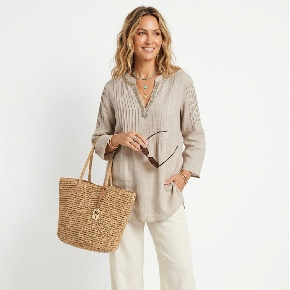 NWT CHARTER CLUB LUXURY LINEN Women's XL Jeweled Tunic Top Taupe Beige Boho Luxe